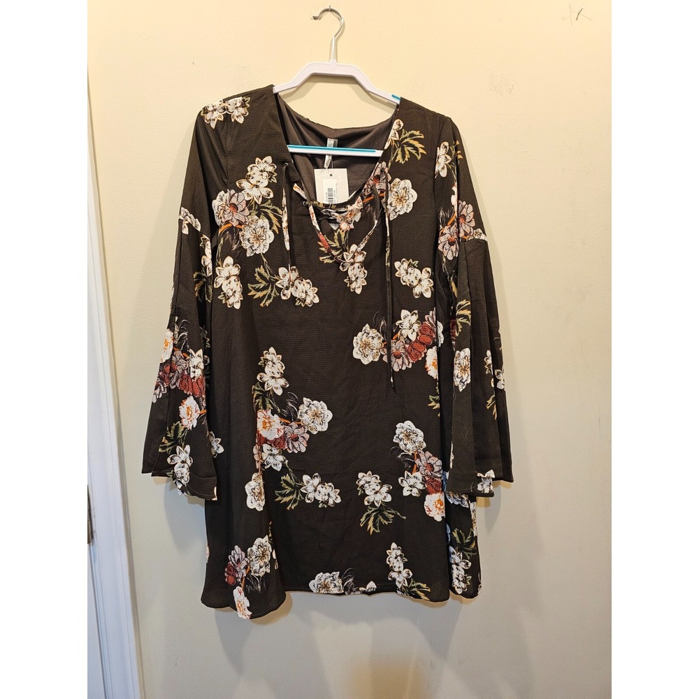 Mittoshop Floral Mini Dress Women L Brown Lace Up Bell Sleeve Pocketed M41284